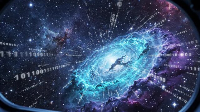 Digital nebula in deep space viewed through a circular window