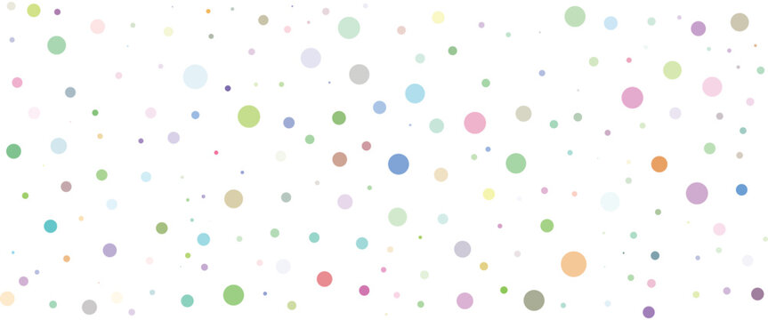 Abstract colorful polka dot seamless background with pastel circle confetti pattern scattered on isolated white backdrop