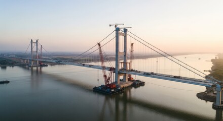 Fototapeta premium Massive suspension bridge construction site with cranes over river during sunrise
