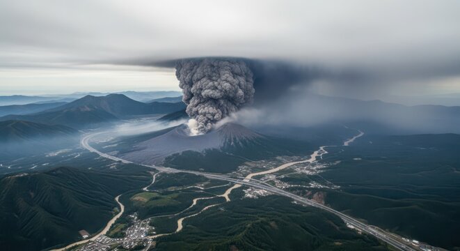 Massive volcanic eruption ejecting a towering ash cloud over a mountainous landscape with visible settlements and roads