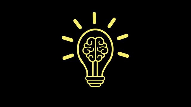 Glowing yellow line art icon of a human brain inside a light bulb pulsing with rays on a black background.