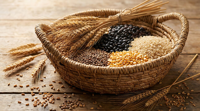 Wicker basket filled with assorted raw grains and legumes including black beans brown lentils and rice with wheat stalks on a rustic wooden table