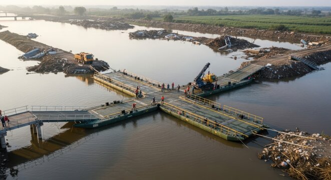Military forces deploy an extensive pontoon bridge structure across a wide body of water for emergency access and transportation.