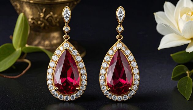 Elegant Teardrop Red Gemstone Earrings with Diamond Halo