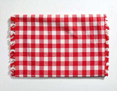 Red and white checkered placemat with fringed edges on white background