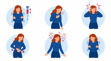 Fototapeta premium Vector illustration of woman experiencing various common illness symptoms