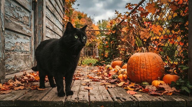 Black cat on a wooden porch with pumpkins and leaves for halloween