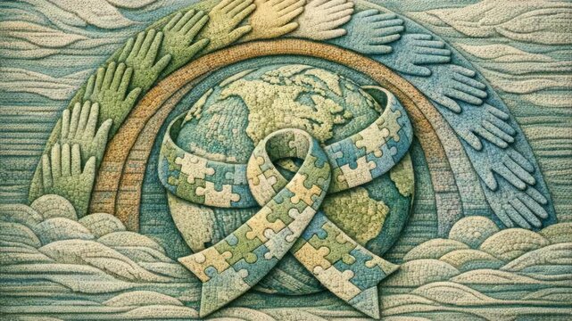 Colorful d world globe on a rainbow with hands holding it, featuring cross symbol of faith and unity.
