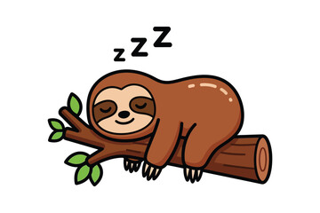 Fototapeta premium Cute Cartoon Sloth Sleeping on Tree Branch Vector Illustration