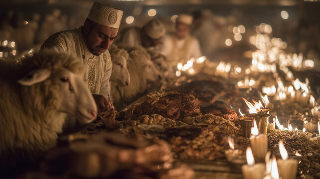 Kurban Bayram Feast of Sacrifice celebration in a festive setting with people preparing food and animals around