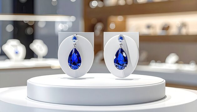 Elegant Blue Gem Earrings Display in White Stand