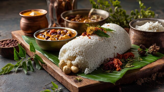 Authentic Kerala puttu served with flavorful kadala curry, showcasing a traditional South Indian breakfast in realistic food photography with rich textures and appetizing presentation
