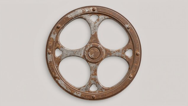 Rusty Vintage Pulley Wheel Isolated on Light Background
