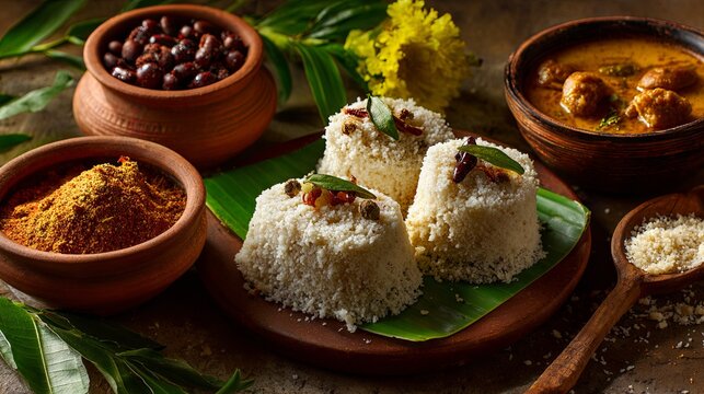 Authentic Kerala puttu served with flavorful kadala curry, showcasing a traditional South Indian breakfast in realistic food photography with rich textures and appetizing presentation
