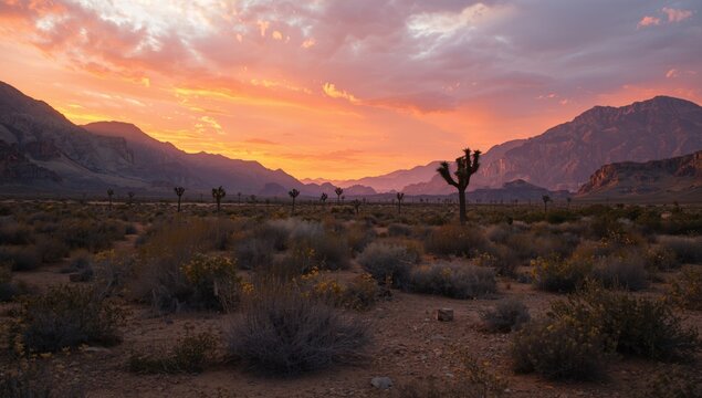 Desert Landscape at Sunset with Colorful Sky and Silhouetted Joshua Trees