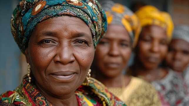 Close-up of African women dressed in colorful head wraps and clothes, posed for a group picture in a rural village setting