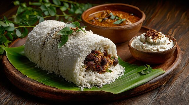 Authentic Kerala puttu served with flavorful kadala curry, showcasing a traditional South Indian breakfast in realistic food photography with rich textures and appetizing presentation
