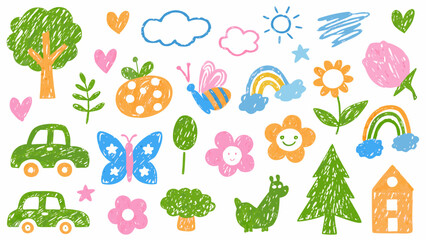 Children s crayon style doodles featuring trees cars flowers and animals on a white background © Rabindrabath