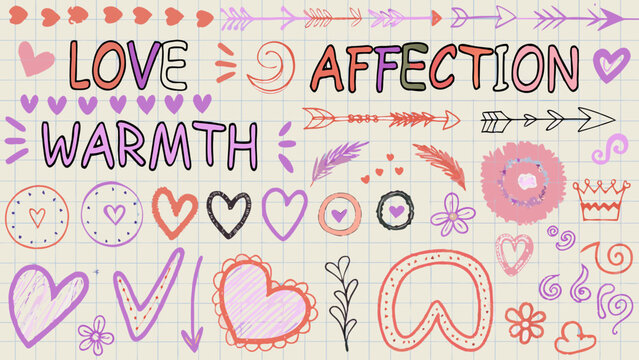 Floral ornament and handwritten words with hearts a playful vector illustration affection arrows background bloom