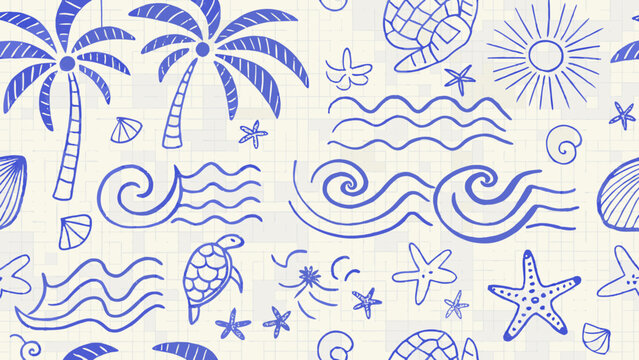 Nautical Doodles And Beach Elements A Blue Line Illustration On Lined Paper theme ocean life