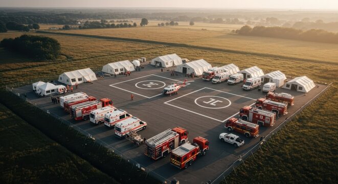 Search and Rescue Headquarters with Helicopter and Emergency Vehicles Ready for Deployment
