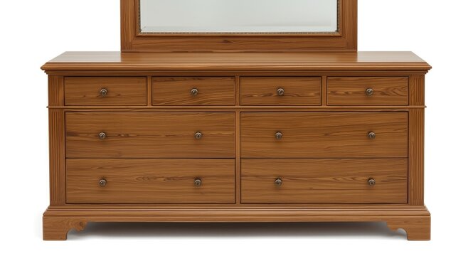 Solid American oak wood dresser with mirror and four spacious drawers on white background