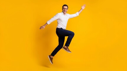 Fototapeta premium Energetic Young Businessman Jumping with Joy on Yellow Background