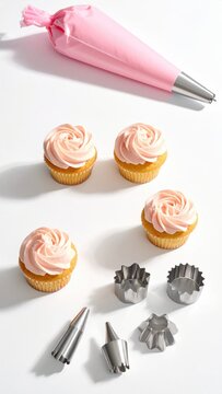 Pink frosting pipe bag with mini cupcakes, cutters, and tips