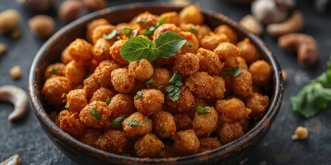 Fototapeta premium Crispy Chickpeas Topped with Fresh Herbs in a Bowl on Dark Surface