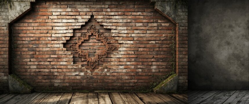 Weathered Brick Wall with Decorative Pattern and Wooden Floor in Dim Light