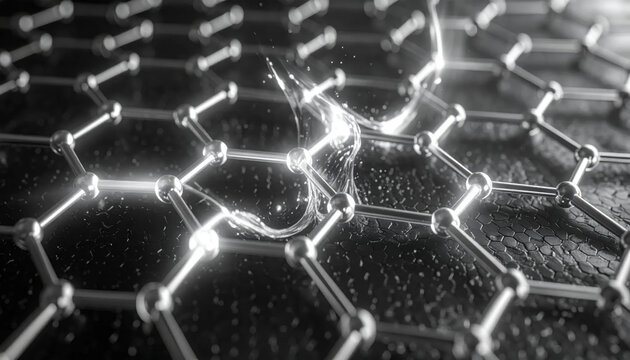 Close-up of a metallic molecular structure with liquid splashing, showcasing advanced nanotechnology and scientific innovation