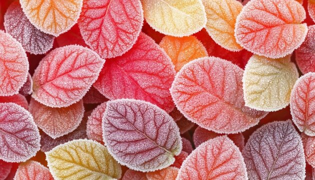 Seasonal Autumn Leaves Covered First Frost Crystals Creating Floral Texture Pattern Background.
