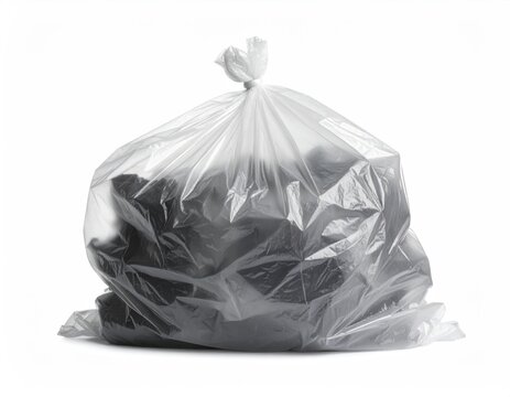 Translucent bag filled with dark, crumpled contents, tied shut