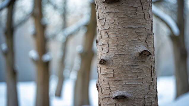 Close-up of a young maple tree trunk during winter.