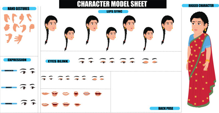 Indian Village Traditional Red Saree Woman Sprite Sheet | Rigged 2D Character with Lip Sync, Walk Cycle, Eye Blink, Eyebrow Expressions, and Hand Sync | Ready-to-Use for Animation