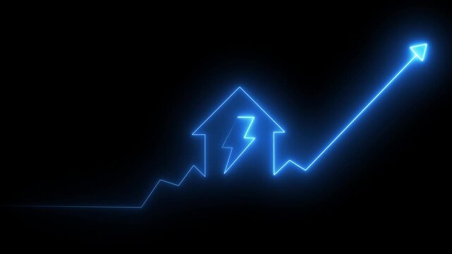 Home icon house sign neon lights animation with up arrow battery charging power icon. animation