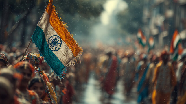 Celebration of Independence Day with people carrying the Indian flag in a parade during the day