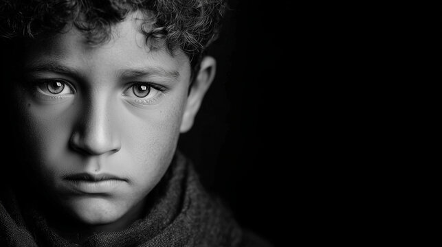 Day of Innocent Children remembers the victims with focus on a boy's expression showing loss and sorrow on a dark background