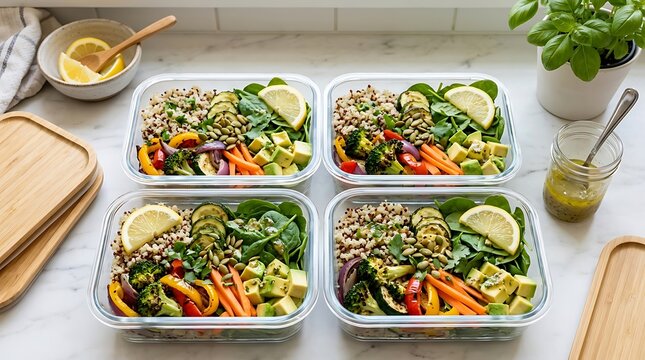Four glass containers filled with healthy fresh green salad for meal prep on a wooden kitchen table. quinoa salat