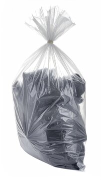 Transparent bag filled with dark, crumpled items, tied securely