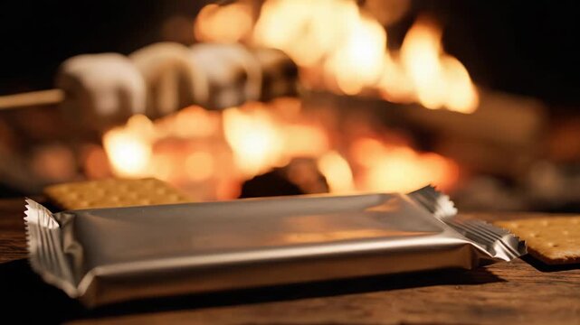 Blank Silver Foil Chocolate Bar Wrapper Mockup on Wooden Surface with Blurred Campfire Background