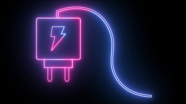 Abstract glowing neon Adapter icon, glowing neon blue color mobile phone charger animation icon on black background.
