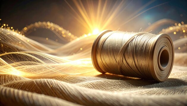 Sunny Metallic Thread Spool on Golden Textured Fabric