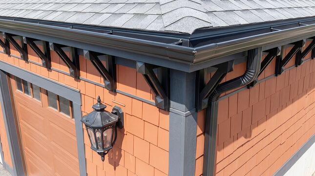 Close up view of house eaves with orange shingle siding, black gutters, decorative wooden brackets, and a vintage-style outdoor wall lantern
