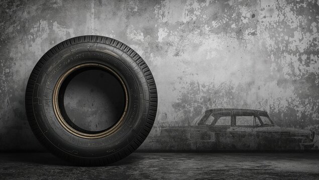 Black Tire Leaning Against Grungy Wall with Faded Car Outline