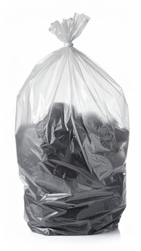 A clear, full trash bag tied at the top on a white background