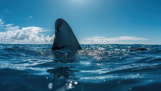 Shark Fin Emerging from Ocean Water Under Clear Blue Sky