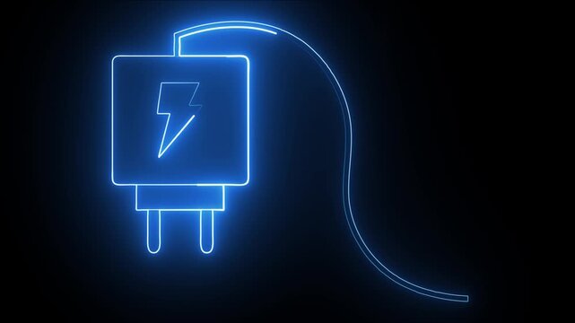 Abstract glowing neon Adapter icon, glowing neon blue color mobile phone charger animation icon on black background.