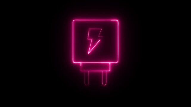 Abstract glowing neon Adapter icon, glowing neon blue color mobile phone charger animation icon on black background.