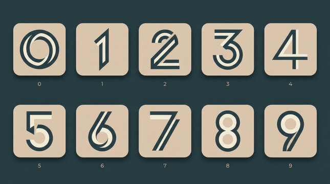 Abstract Modern Retro Beige and Dark Teal Geometric Numeric App Icon Set 0 to 9 Vector Illustration